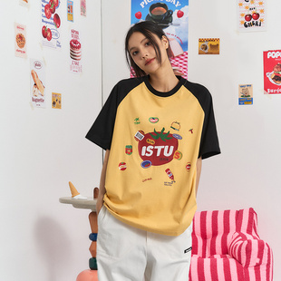 宽松小众半袖 iSaluteU t恤夏季 复古小番茄撞色插肩短袖 上衣 美式