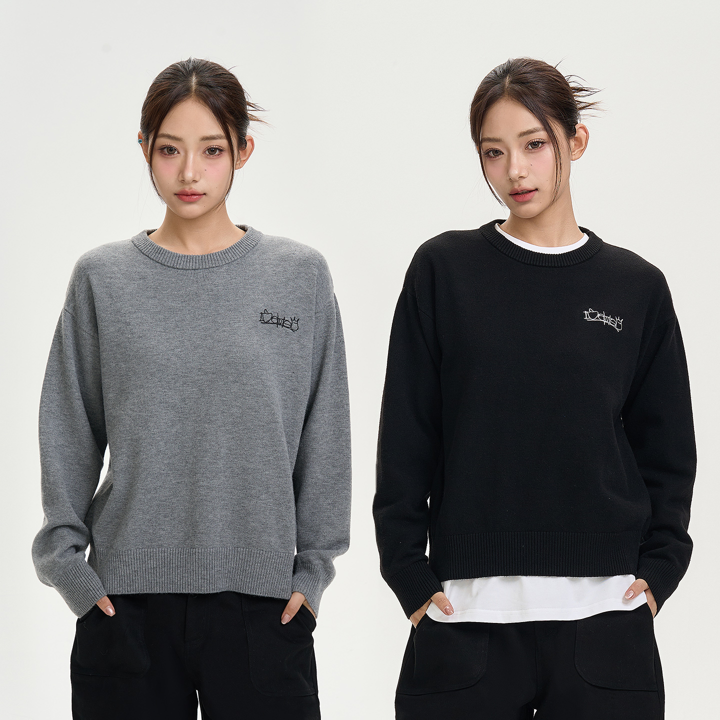 iSaluteU  松弛感绣花落肩小圆领毛衣潮流百搭宽松秋冬季针织上衣