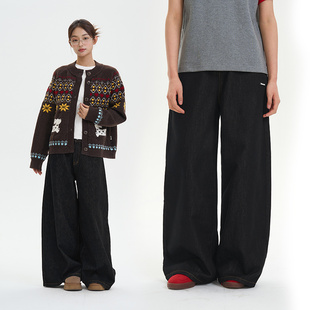 简约百搭垂坠感直筒阔腿裤 春夏新品 黑色宽松牛仔长裤 iSaluteU美式