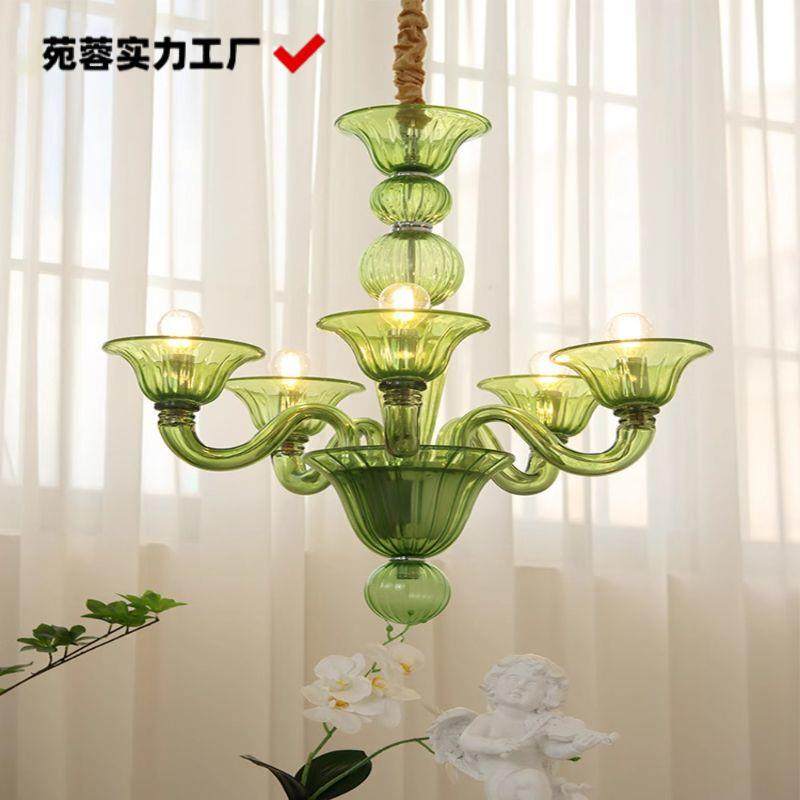 轻法式优雅绿色蜡烛吊灯设计师中古玻璃轻奢复古餐厅客厅卧室吊灯