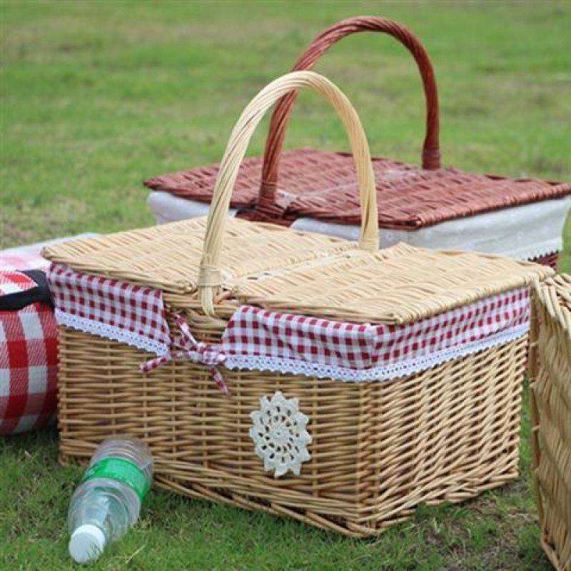 手工藤编柳编野餐篮收纳篮手提篮 野炊篮 带盖户外编织篮子春游篮