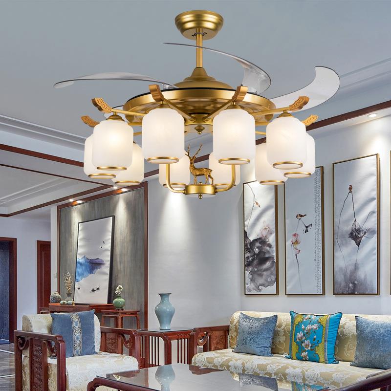 新中式电风扇吊灯黑色家用客厅餐厅隐形风扇灯10头52寸金色吊扇灯