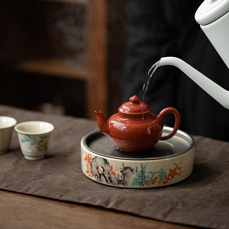 陶瓷蓄水茶盘功夫茶具金属锡盖双层壶承干泡茶台简约家用