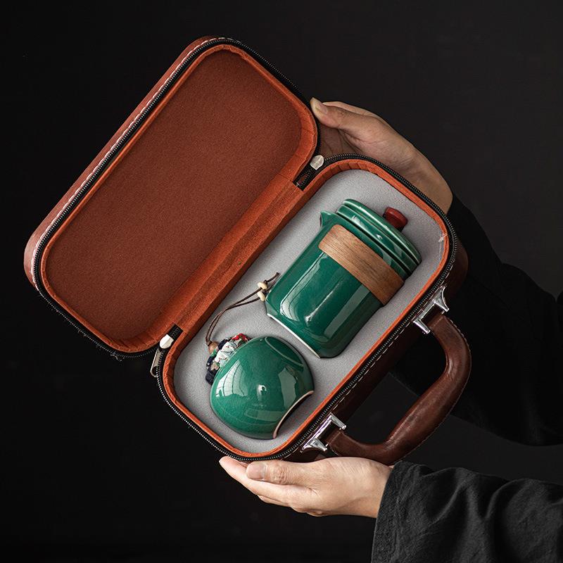 青瓷哥窑开片可养户外便携旅行茶具套装一壶三杯快客茶杯礼品