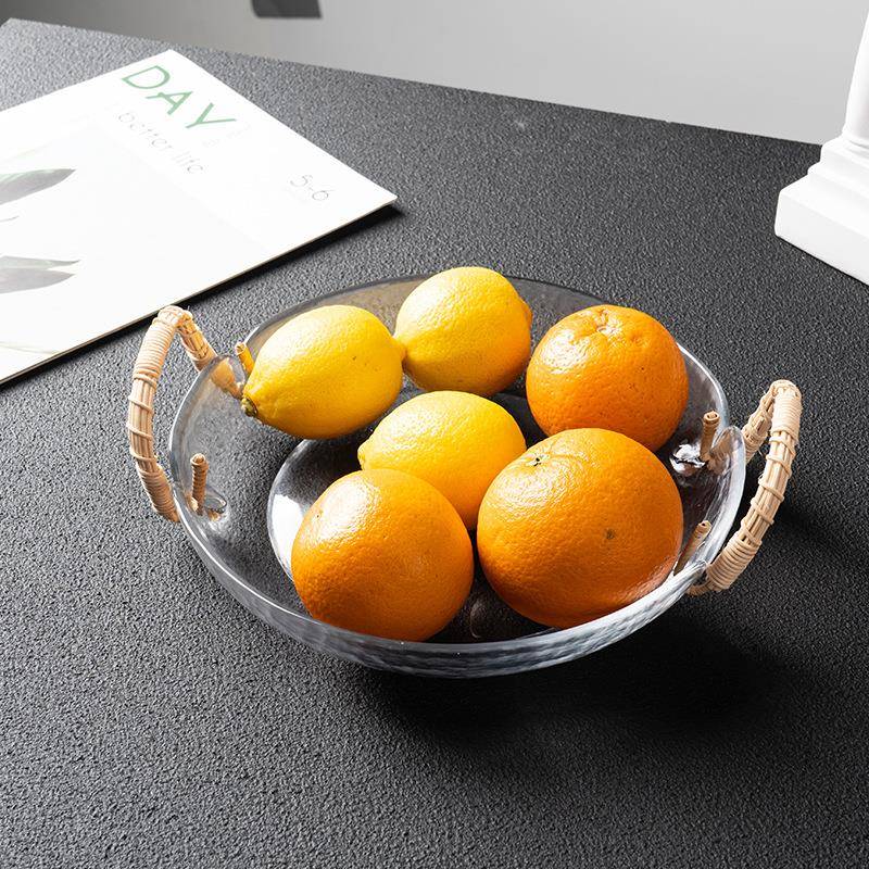 手工藤编玻璃盘水果盘客厅家用日式复古零食沙拉盘子ins风高颜值