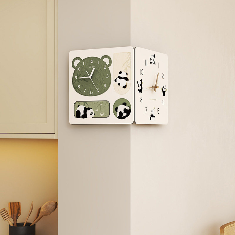 美世达熊猫转角客厅挂钟2023新款双面拐角时钟家用静音简约钟表
