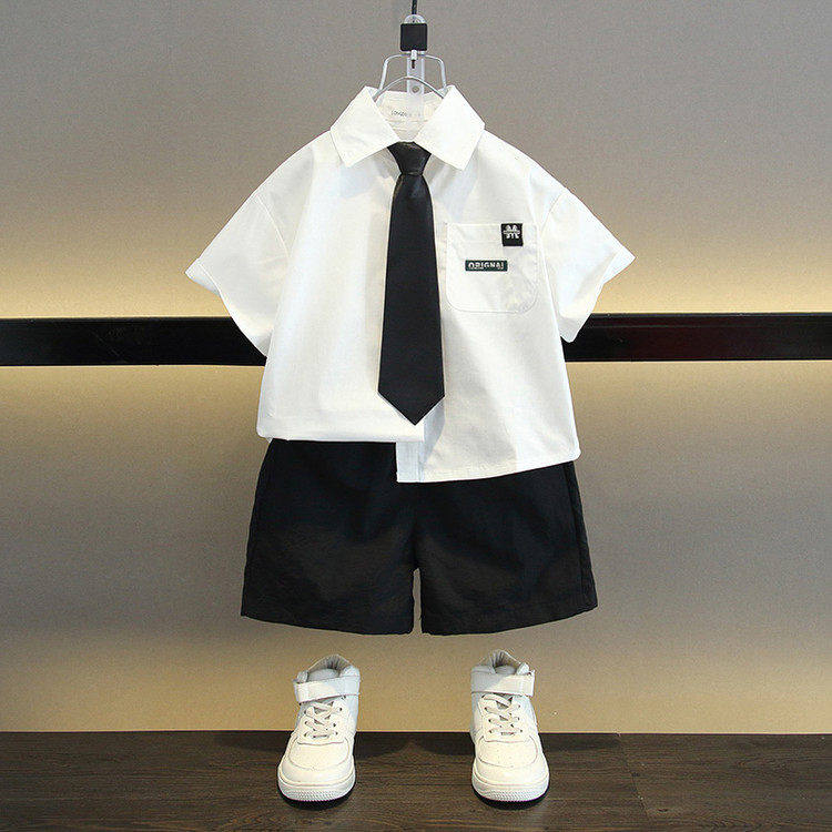 儿童白衬衫学院风夏季套装男童拍照主持人领带西装开学礼服表演服