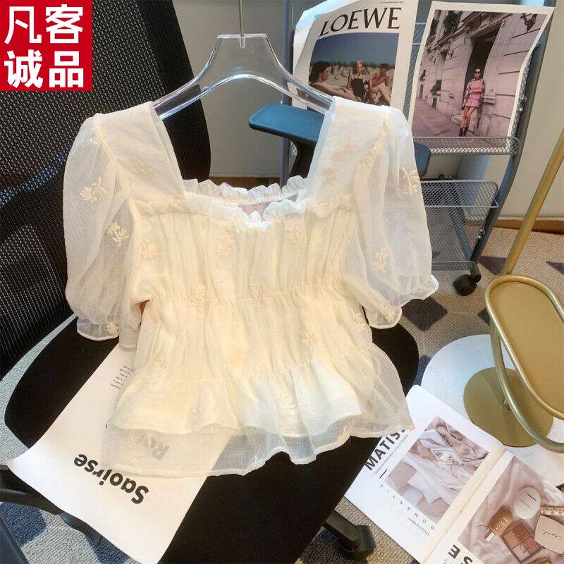 凡客诚品法式温柔气质方领泡泡袖收腰雪纺衬衫女小个子短款娃娃衫