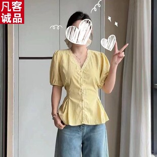 凡客诚品大码法式气质蕾短袖衬衫女夏季胖mm显瘦收腰拼接V领泡泡