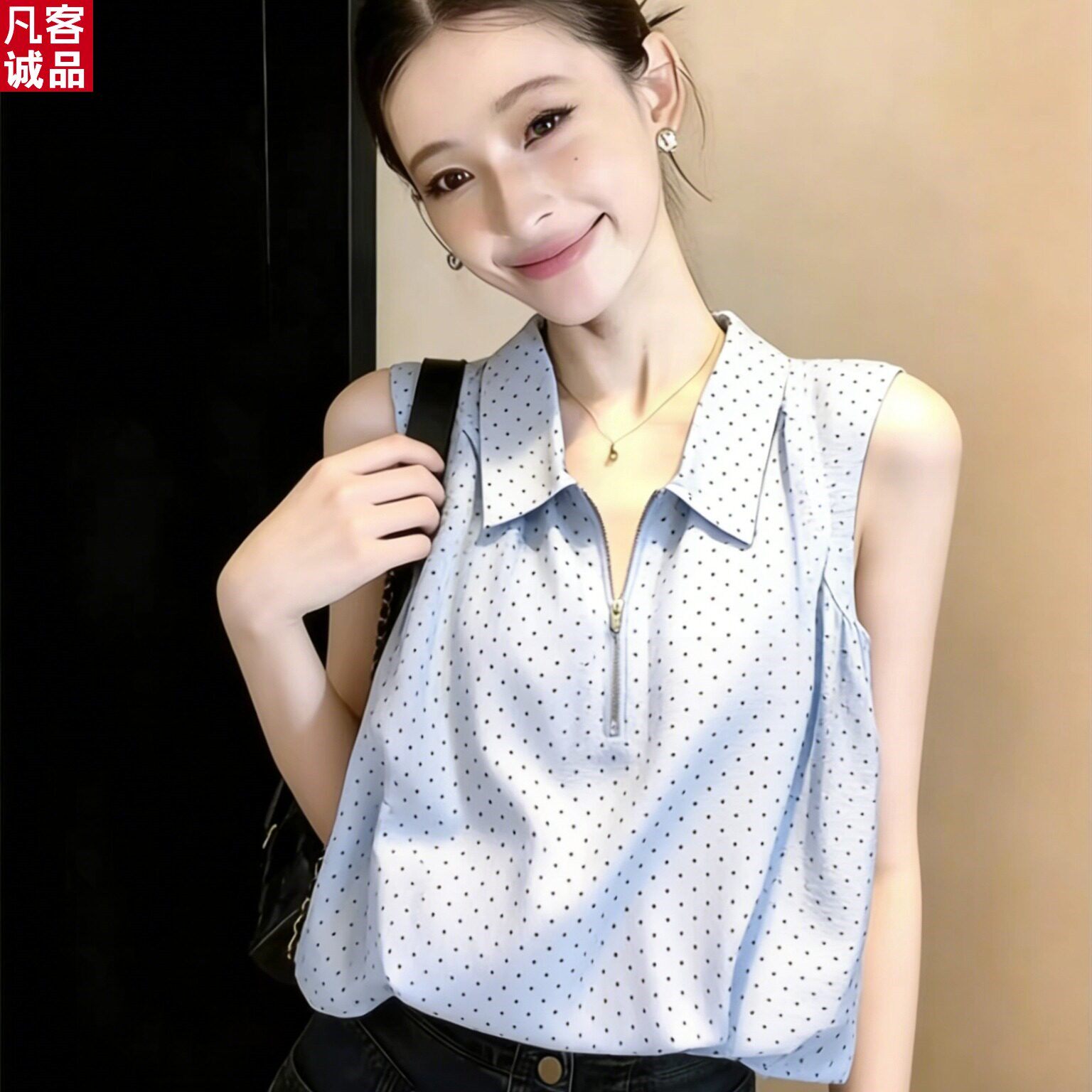 凡客诚品法式翻领波点无袖百搭上衣女2026夏季休闲宽松显瘦设计感