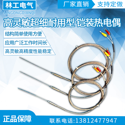 WRNK191 K型铠装热电偶带引线L1000mm 高灵敏铠装丝可弯曲包检测