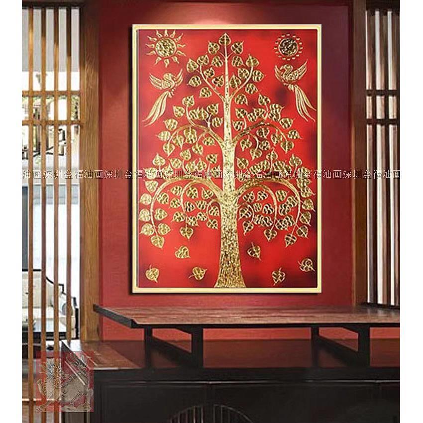 纯手绘高端东南亚风格金色红底菩提树装饰画家居会所别墅泰式餐厅图片