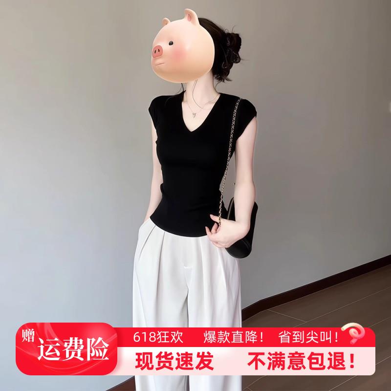 黑色v领针织短袖T恤女2025新款夏季独特超好看单穿小衫小飞袖上衣