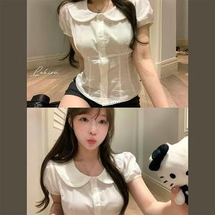 薇薇安少女 甜美白色娃娃领衬衫 Lukira 法式 纯棉上衣 短袖 女泡泡袖