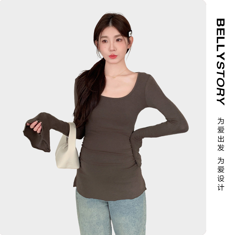 孕妇打底衫秋冬内搭长袖针织衫春秋款法式修身百搭喇叭袖方领上衣