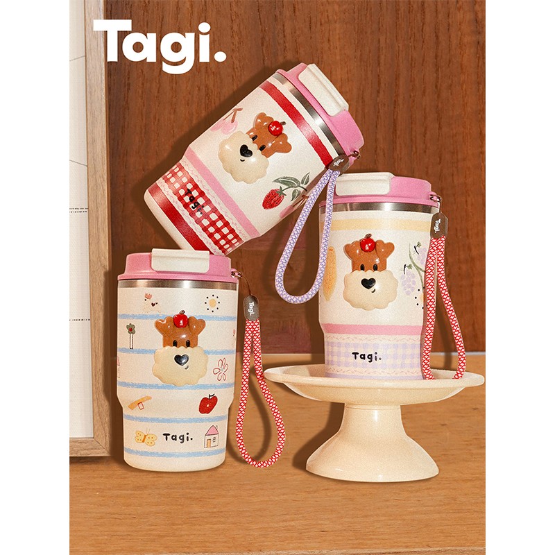 Tagi.《爆米花》双饮吸管咖啡杯便携手拎不锈钢随行水杯保温杯直图片