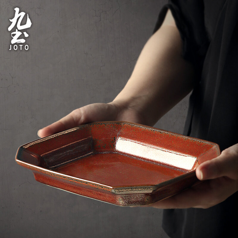 九土日式手工复古餐盘长方形平盘创意陶瓷多边盘沙拉意面盘甜品盘