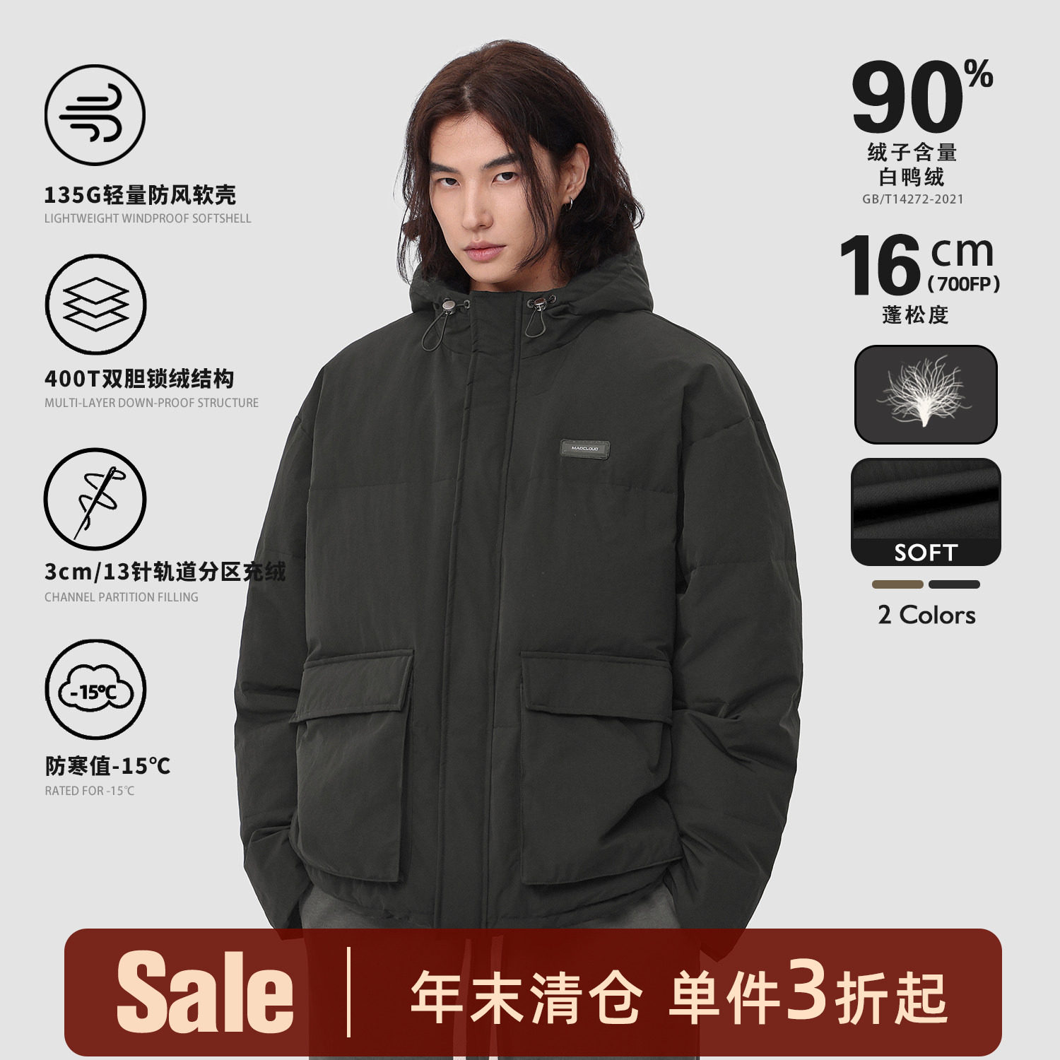 【福利清仓】美式工装冬季保暖90绒外套加厚连帽羽绒服男