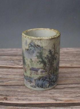 特价覆古清光绪粉彩山水纹笔筒家居装饰摆件古玩瓷器彷古做旧收藏