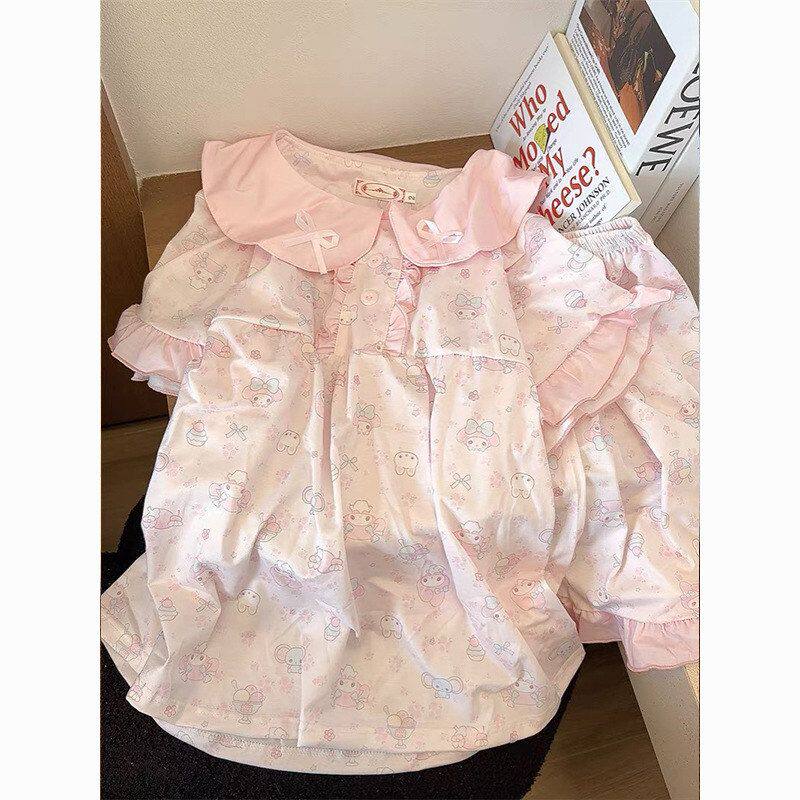 公主风粉色睡衣女短袖短裤娃娃领两件套少女家居服