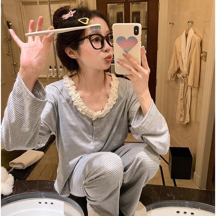 条纹睡衣女春秋季长袖套装时尚简约韩版高级感家居服网红风可外穿