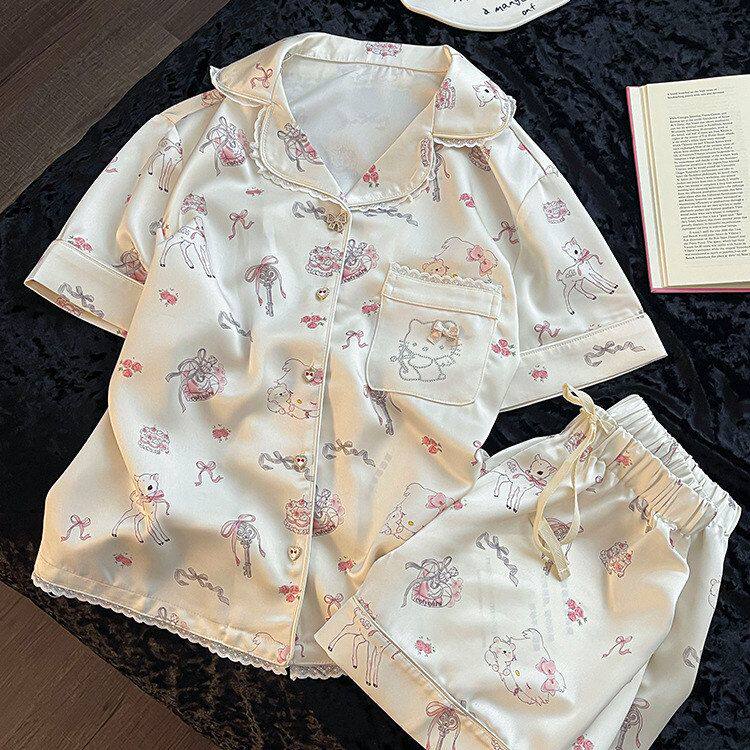 韩版甜美少女卡通Kitty印花冰丝短袖睡衣女款春夏款短裤居服套装