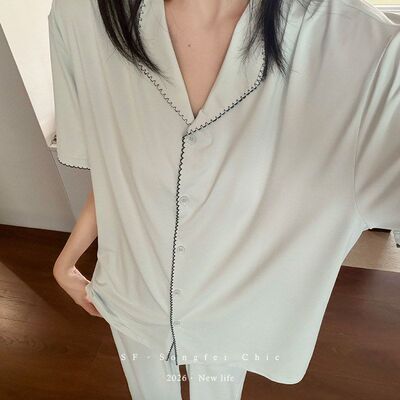 冰丝凉感睡衣女春夏长裤开衫V领撞色波浪边高级感家居服两件套