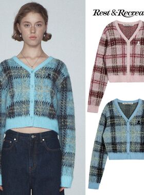 韩国潮牌restandrecreation冬季新款加绒格子开衫毛衣外套小女生