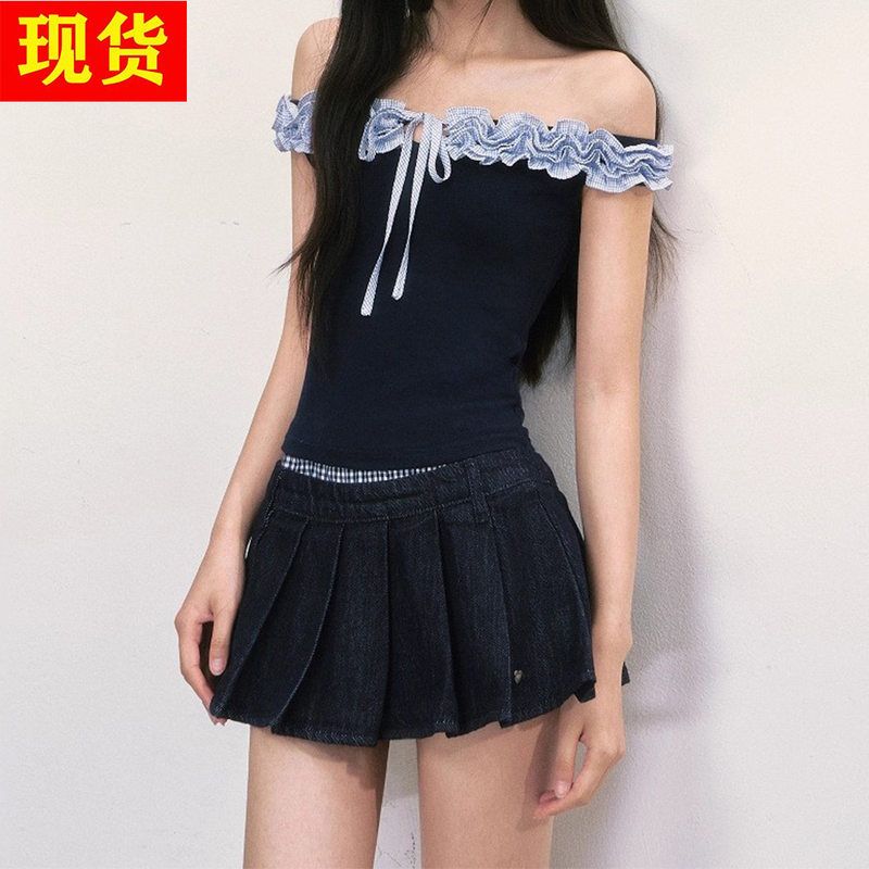 weekendhub一字肩上衣高级感法式绝美锁骨短袖2025新款小个子修身
