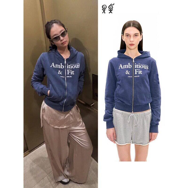 Jennie同款拉链卫衣美式辣妹帽衫蓝色做旧洗水上衣修身短款外套女