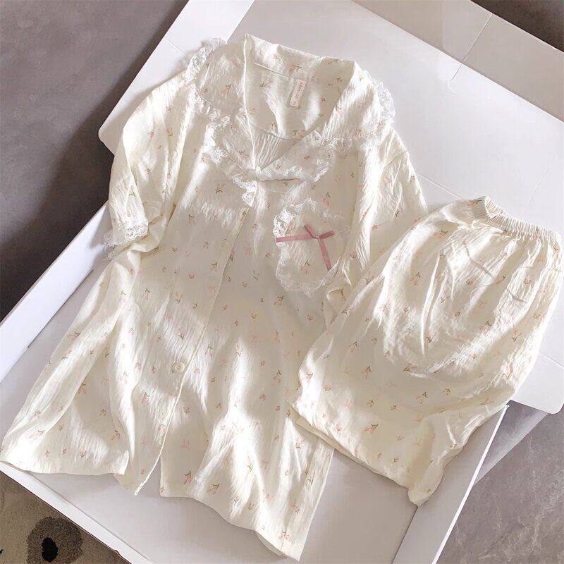 ins韩版碎花睡衣女夏季短袖套装云朵棉纱布家居服高级感可爱外穿