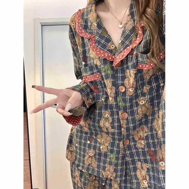 韩版格纹满印小熊睡衣女春秋季开衫花边双长两件套复古式家居服