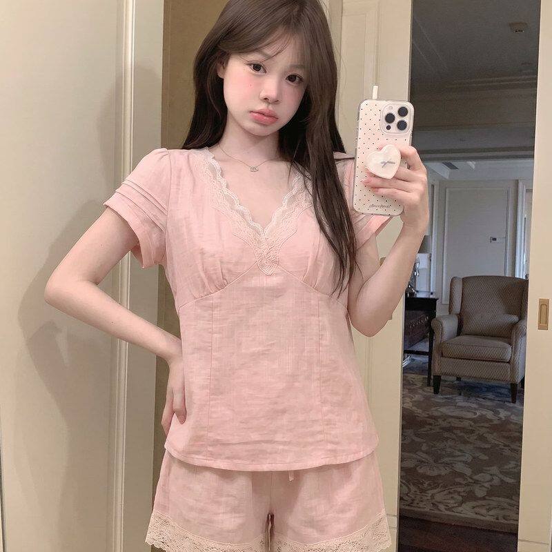 甜美纯欲风粉色蕾丝花边睡衣女夏季短袖短裤亲肤家居服套装可外穿
