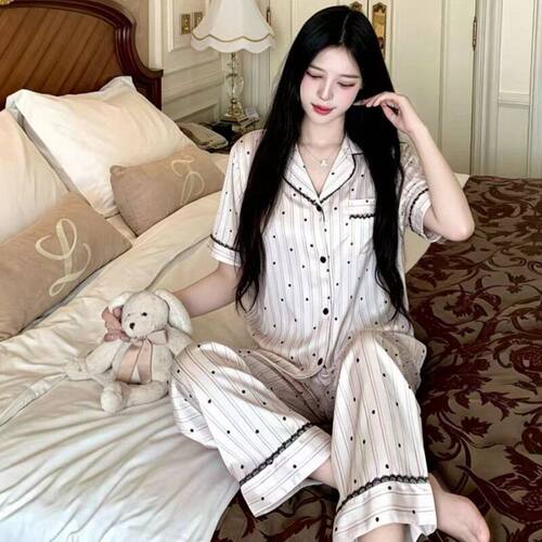 条纹波点冰丝睡衣女长袖春夏季新款开衫冰网红冰雪丝家居服三件套
