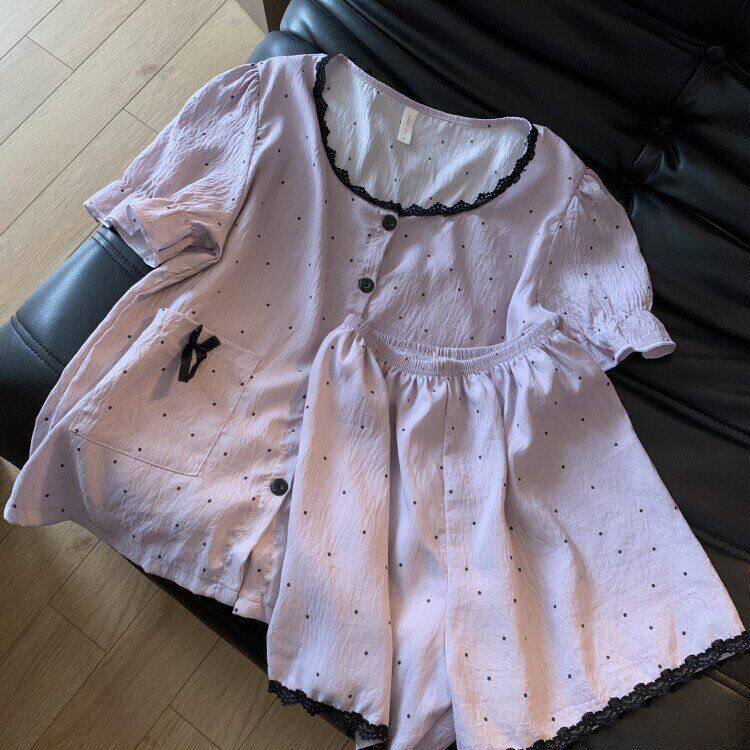 ins风紫色波点简约风少女睡衣夏季短袖短裤套装学生可外穿家居服