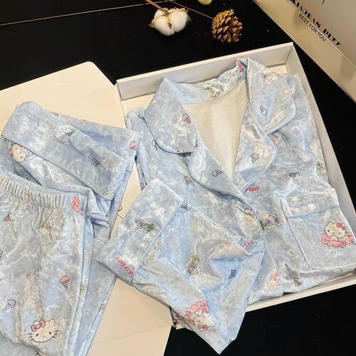 ins甜美HelloKitty金丝绒睡衣女款秋冬款舒适薄绒家居服大码套装