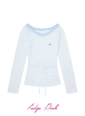 【关蕖】26春季New现货美式复古辣妹个性设计条纹宽松长袖T恤女