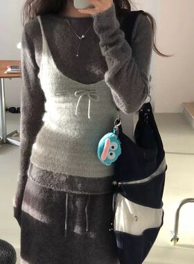 不退不换2025秋季新款韩国东大门圆领针织上衣+半身裙+吊带套装女