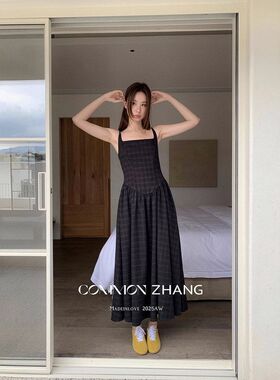 CZ ZHANG秋季韩版名媛慵懒格纹拼接露背百搭a字吊带连衣裙B36043