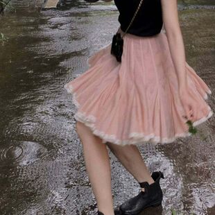 胖显瘦大裙摆重工款烟粉色半身裙女新款灵气裙摆档案百搭字裙