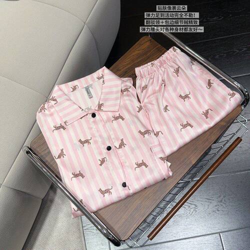 Yase187【浅粉丝带】春夏新款睡衣女甜美粉嫩小豹子印花少女短袖