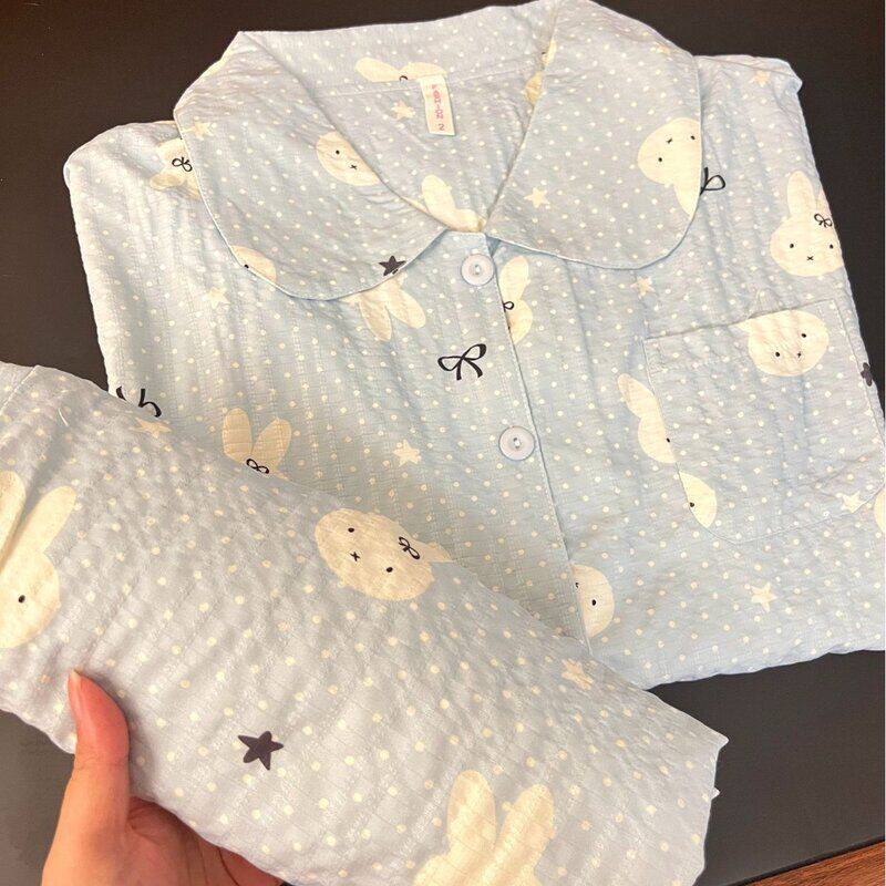 蓝色波点兔子睡衣女春秋季开衫翻领长袖长裤套装学生家居服