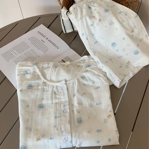 （纯棉棉纱）M-XXL夏季睡衣女圆领短袖短裤家居服套装