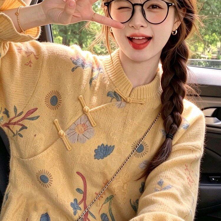 冬款新中式小众休闲风设计感黄色印花长袖毛衣复古宽松针织衫上衣