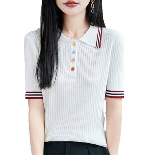 夏季新款女装针织衫冰丝polo领针织短袖彩扣条纹t恤上衣跨境