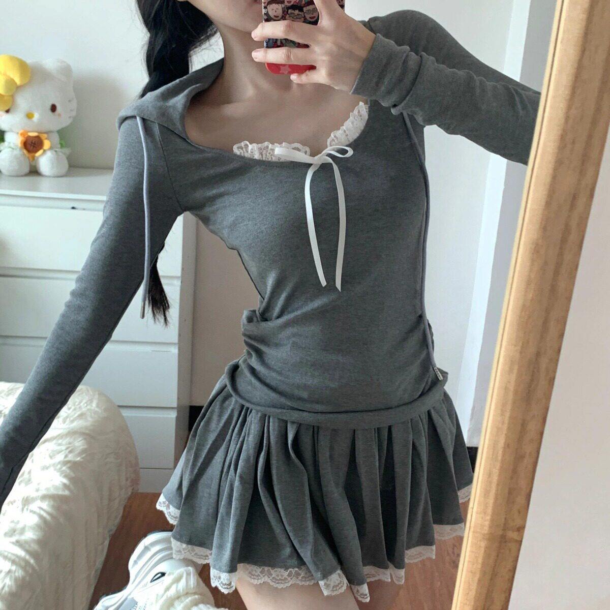 辣妹两件套a连帽灰色拼接