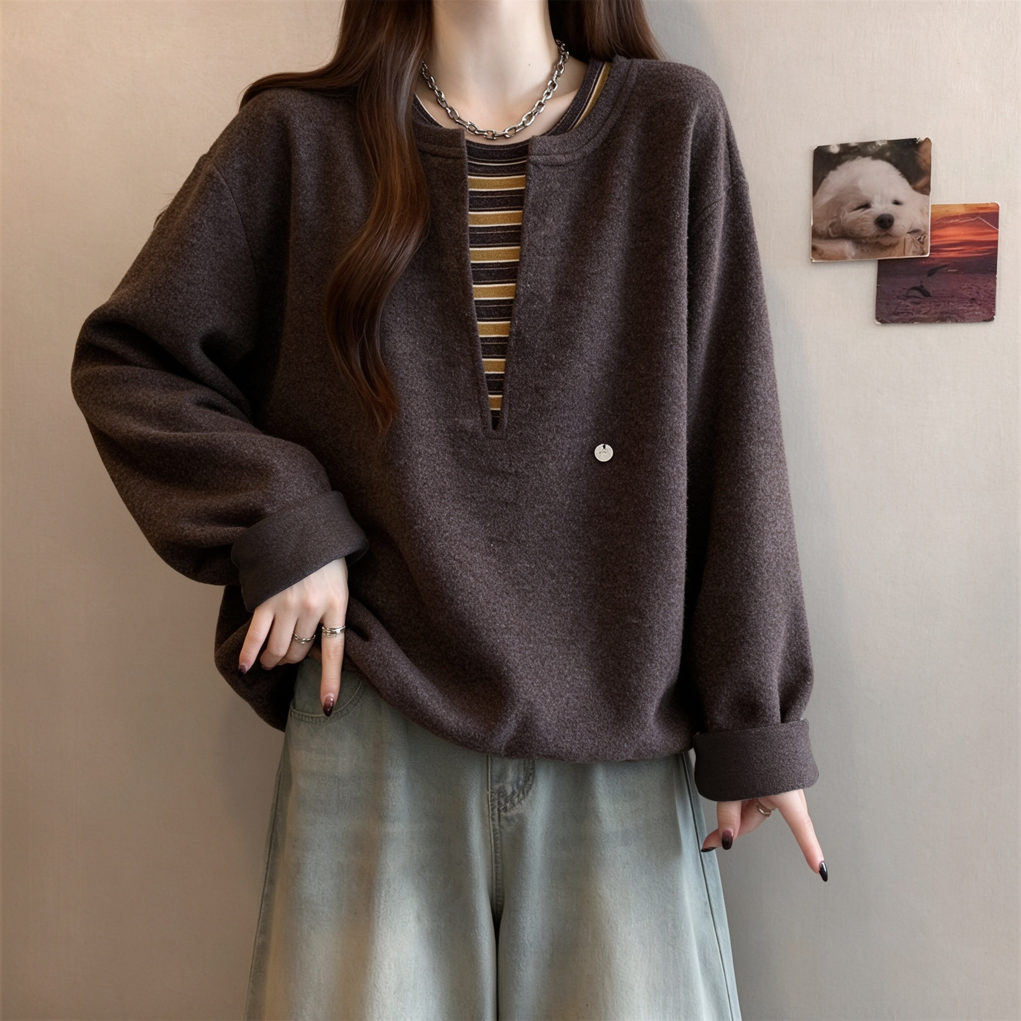 实拍~大码胖MM高级感毛呢拼接假两件卫衣女秋冬2026宽松叠穿上衣