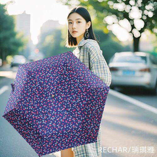 现货新款黑胶数码印刺绣樱桃弯柄三折伞遮阳伞晴雨伞折叠弯钩伞