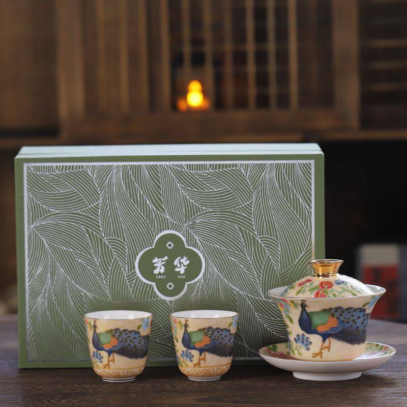珐琅彩茶具套装陶瓷一壶两杯国潮龙凤公司伴手礼开业活动礼盒装