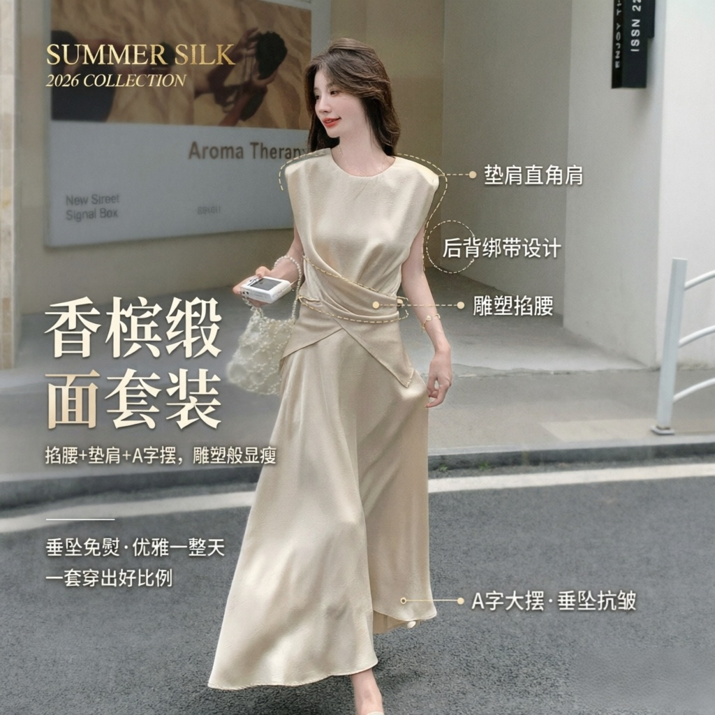 2026夏新款缎面掐腰套装女浅香槟米色垫肩半裙两件套巨显瘦A字裙